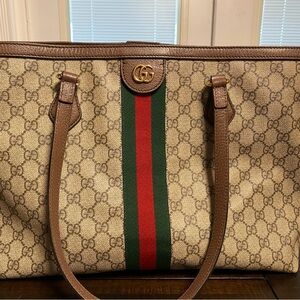 Gucci Beige and Brown Tote with Red and Green Stripes